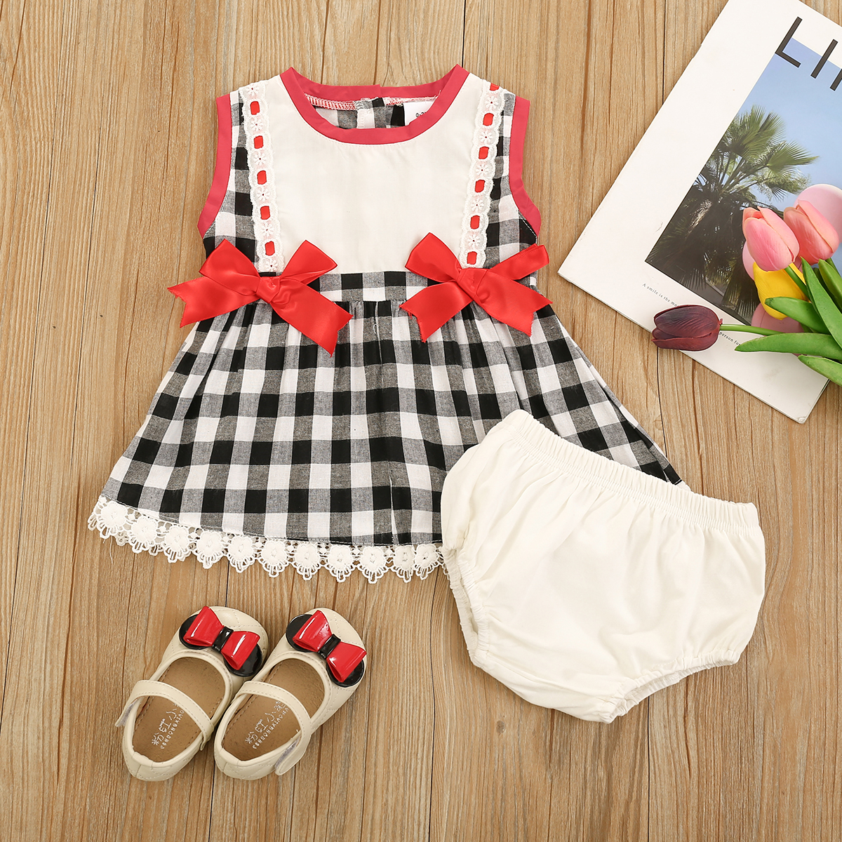 

2pcs Summer Cotton Sleeveless Baby Girl Sweet Plaid Baby's Sets