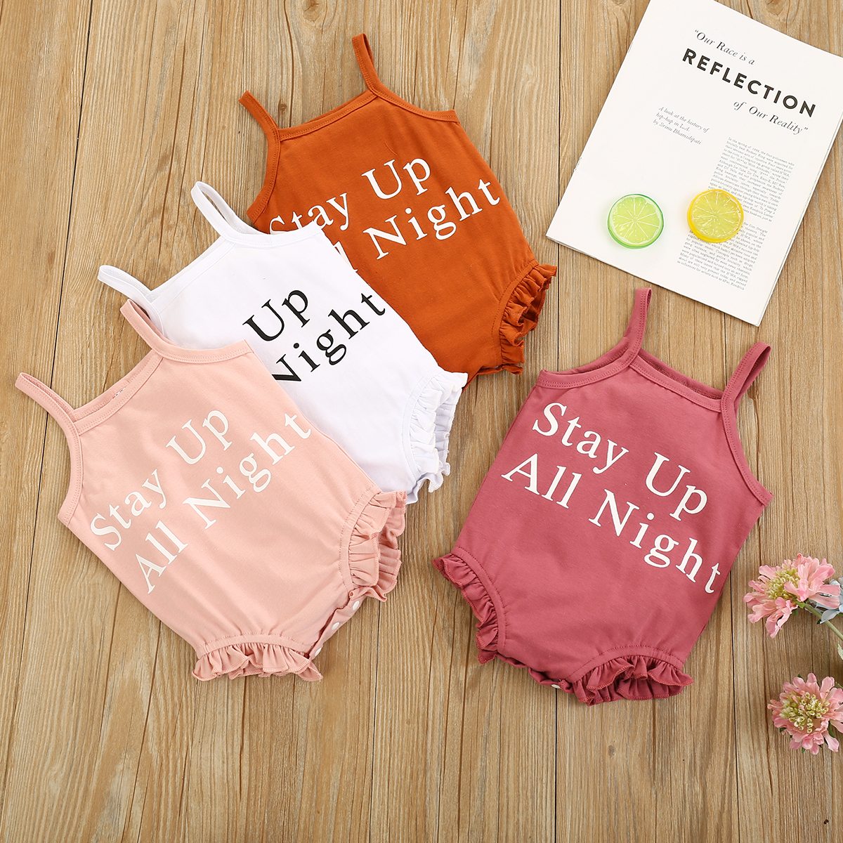 

100% Cotton Letter Print Ruffle Decor Sleeveless Baby Romper