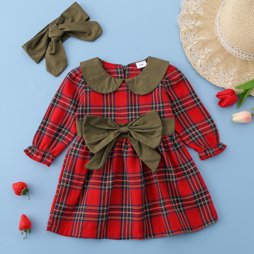 

2pcs Plaid Print Color Block Doll Collar Bow Decor Long-sleeve Baby Set