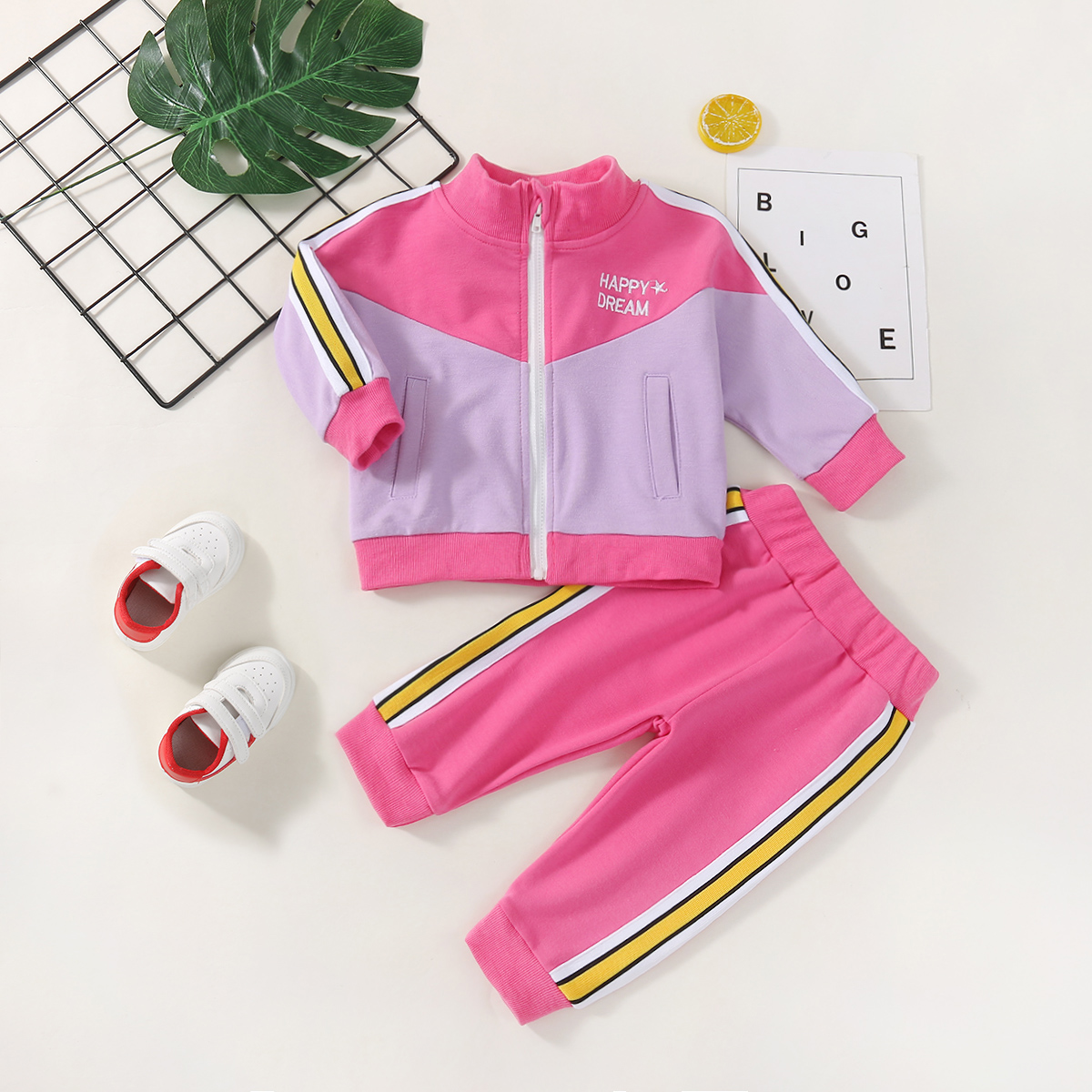 

2pcs Baby Letter Embroidered Colorblock Long-sleeve Cotton Full-zip Jacket and Trousers Set