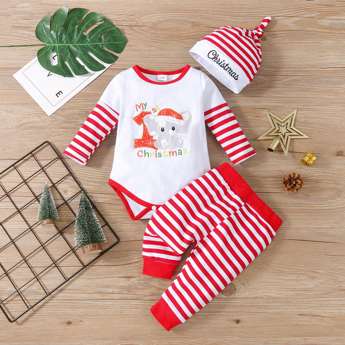 

Christmas 3pcs Letters and Elephant Embroidered Red Striped Long-sleeve Cotton Romper Set