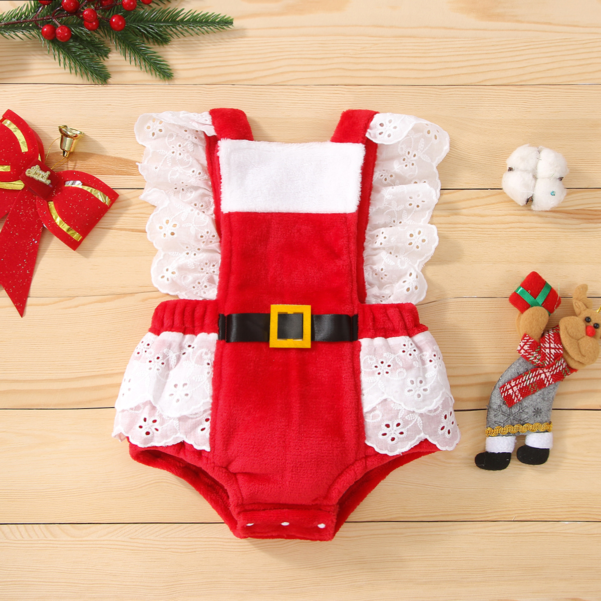 

Christmas Hollow-out Ruffle Sleeveless Baby Fleece Romper