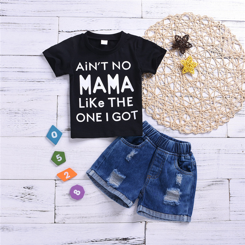 

Baby Girl Letter Print Tee and Ripped Denim Shorts Set