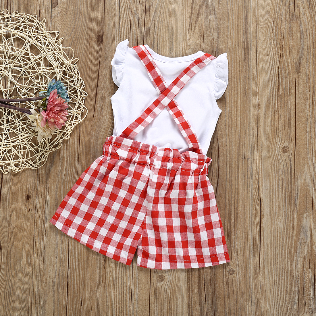 

Ruffle-sleeve Top and Plaid Suspender Shorts Set