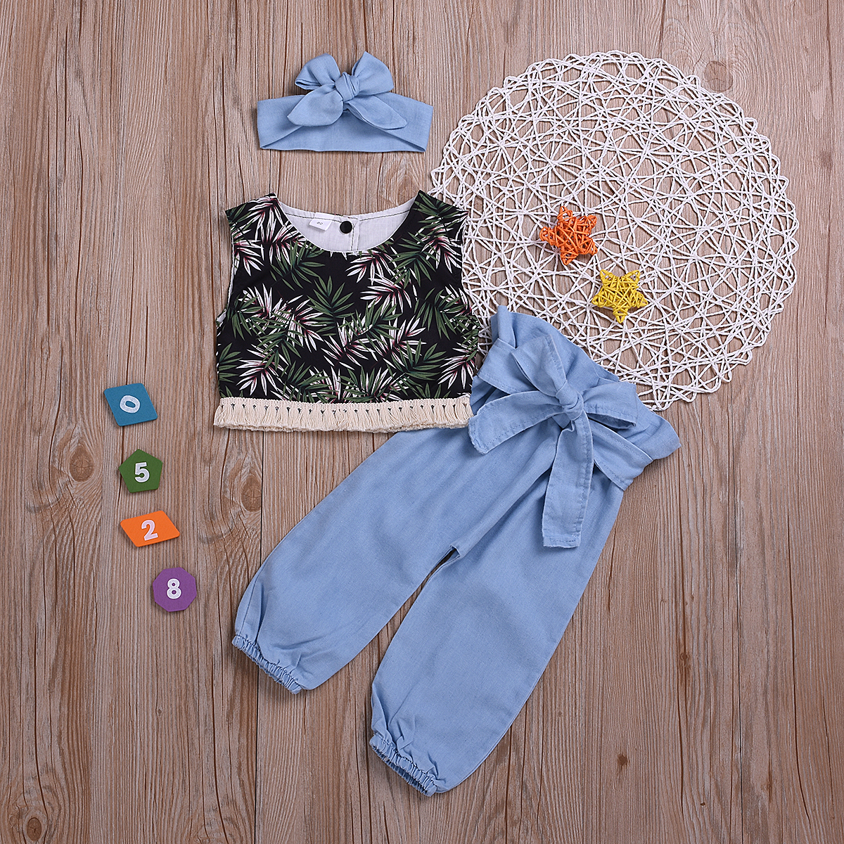 

3-piece Baby / Toddler Leaf Patterned Tasseled Top and Solid Pants with Headband Set