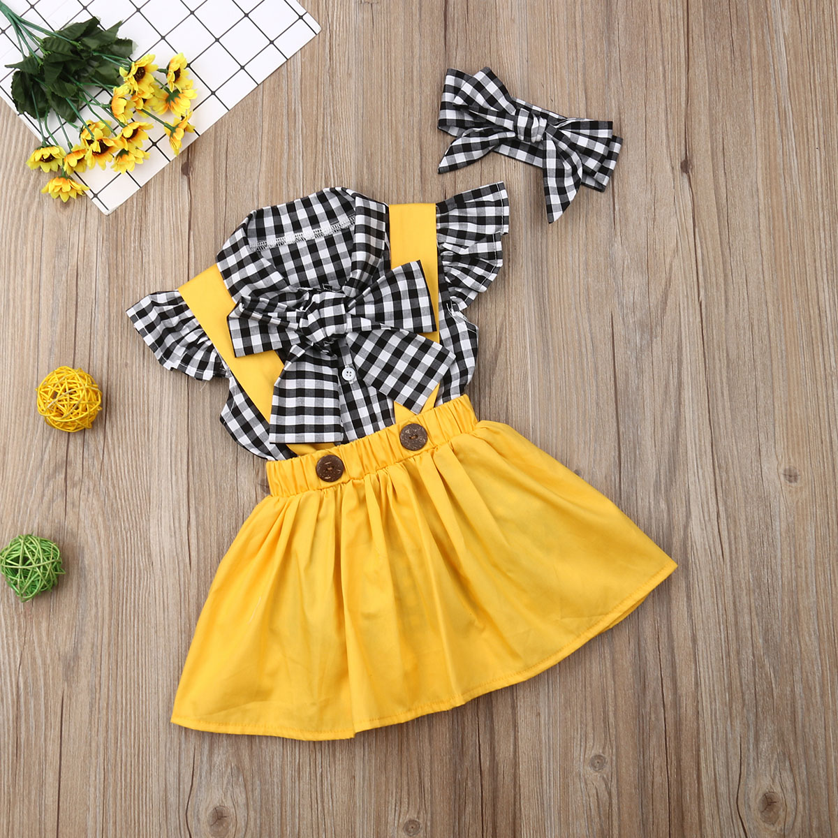 

3-piece Baby / Toddler Plaid Shirt, Suspender Skirt and Headband Set