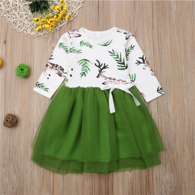 

Baby / Toddler Deer Print Green Mesh Long-sleeve Dress