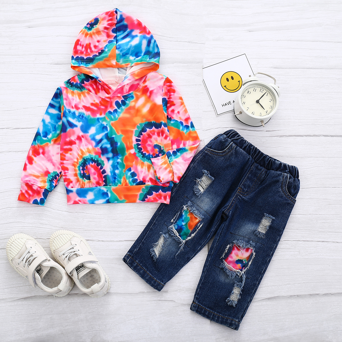 

2pcs Baby Boy Long-sleeve cotton Hooded Street style Tie dye Baby's Sets