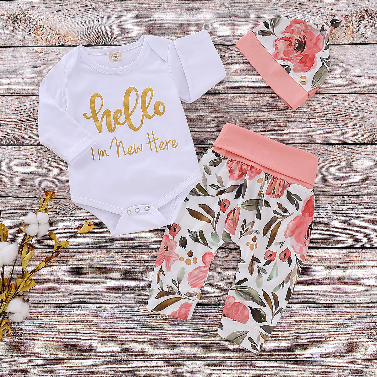 

3-piece Casual Letter Print Bodysuit, Floral Pants and Hat Set