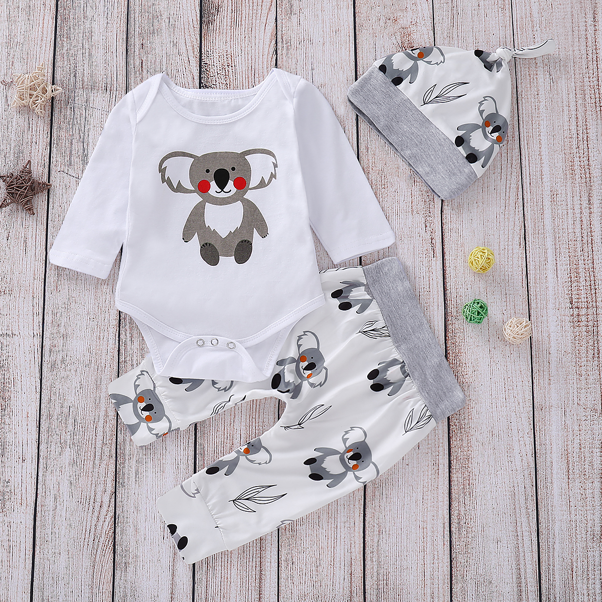 

Cute Koala Print Long-sleeve Romper, Pants and Hat Set