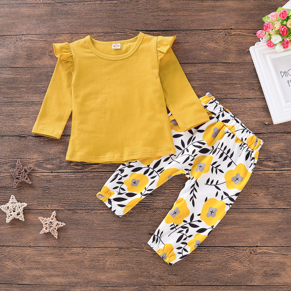 

Bright Yellow Ruffle-sleeve Tee and Floral Pants Set