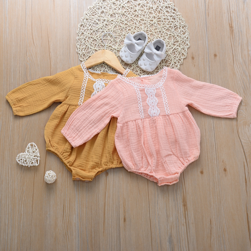 

Baby Girl Solid Lace Hollow Style Long-sleeve Romper
