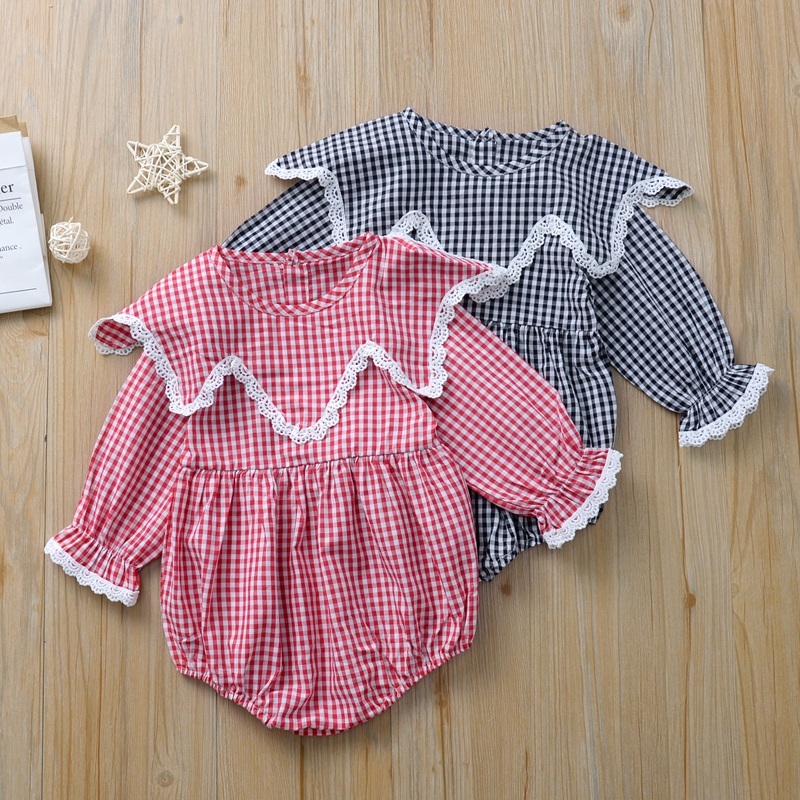 

Baby Girl Plaid Style Doll Collar Long-sleeve Romper