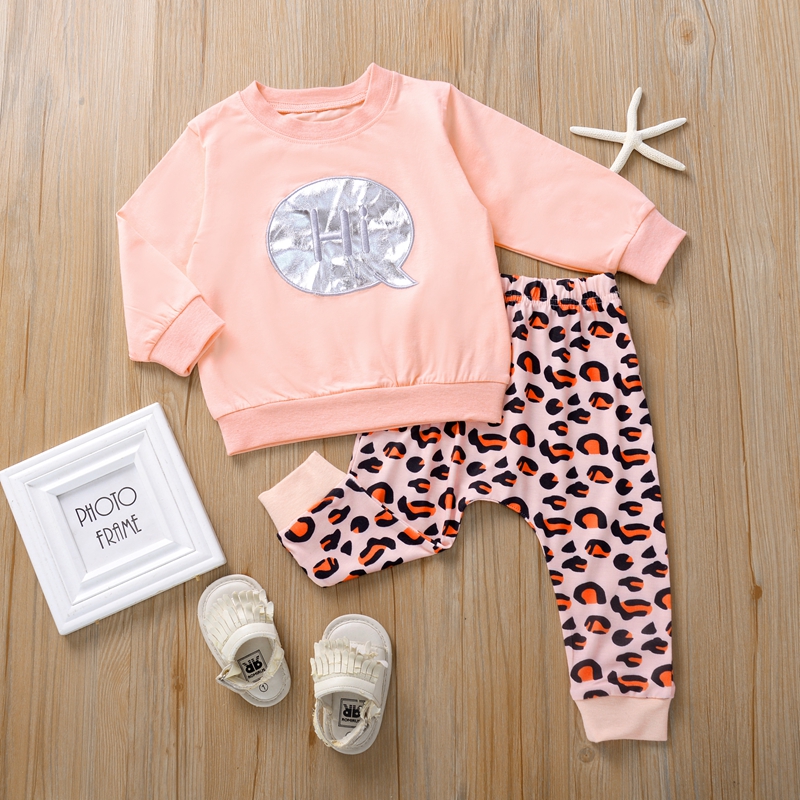 

2-piece Baby / Toddler Girl Letter Solid Long-sleeve Top and Leopard Print Pants Set