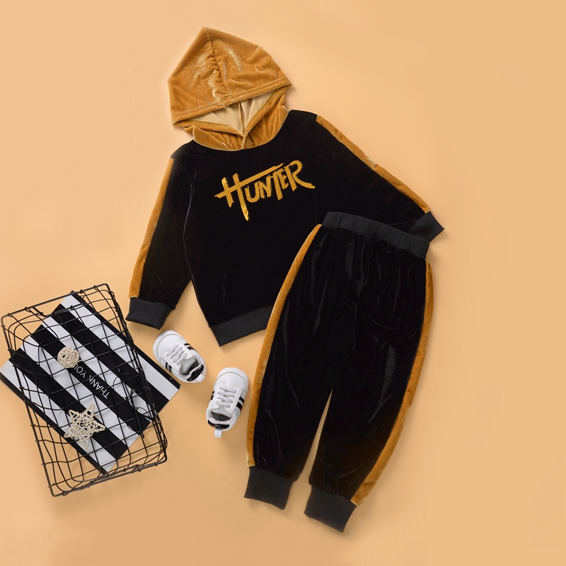

2-piece Baby / Toddler Letter Print Velvet Hoodie and Striped Pants Set