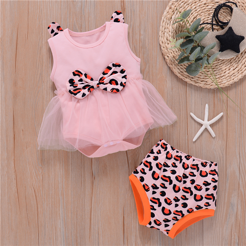 

2pcs Baby Girl Sweet Leopard Sleeveless Solid Cotton Tulle Romper Baby's Sets