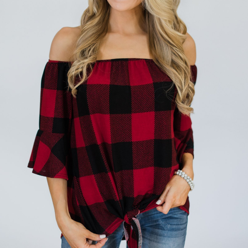 

Elegant Plaid Off Shoulder Tee