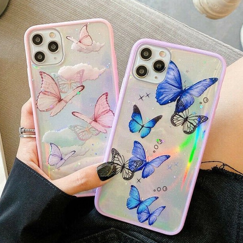 

Butterfly Candy Glitter Phone Case For iPhone 11 12 Pro Max 12 Mini XR XS Max 7 8 Plus X Soft TPU Hard PC Back Bumper