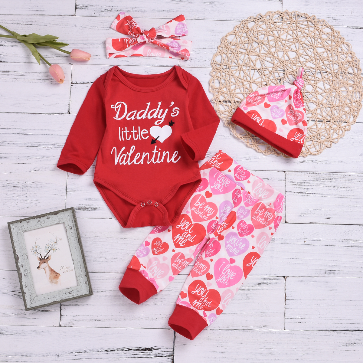 

4-piece Lovely Letter Heart Print Bodysuit, Color Blocked Pants, Pointy Hat and Bow Headband Set