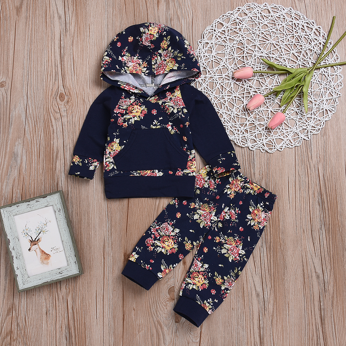 

2-piece Sweet Floral Print Hooded Pullover and Pants Set