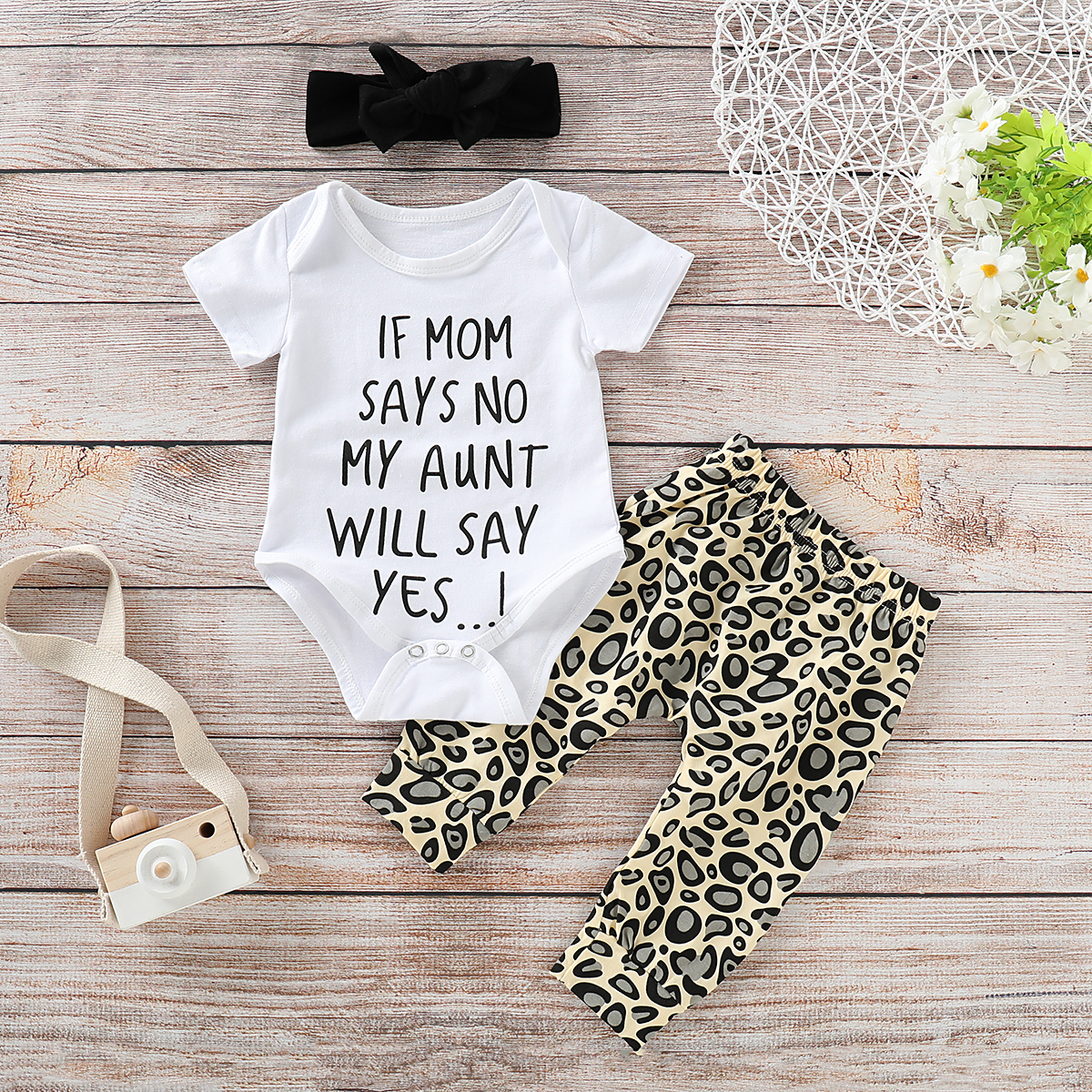 

3-piece Baby / Toddler Letter Print Top, Leopard Style Pants and Bowknot Headband