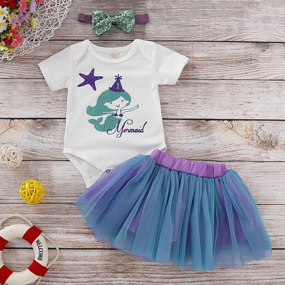 

Baby Girl's Mermaid Print Bodysuit, Tulle Skirt and Sequined Bowknot Headband