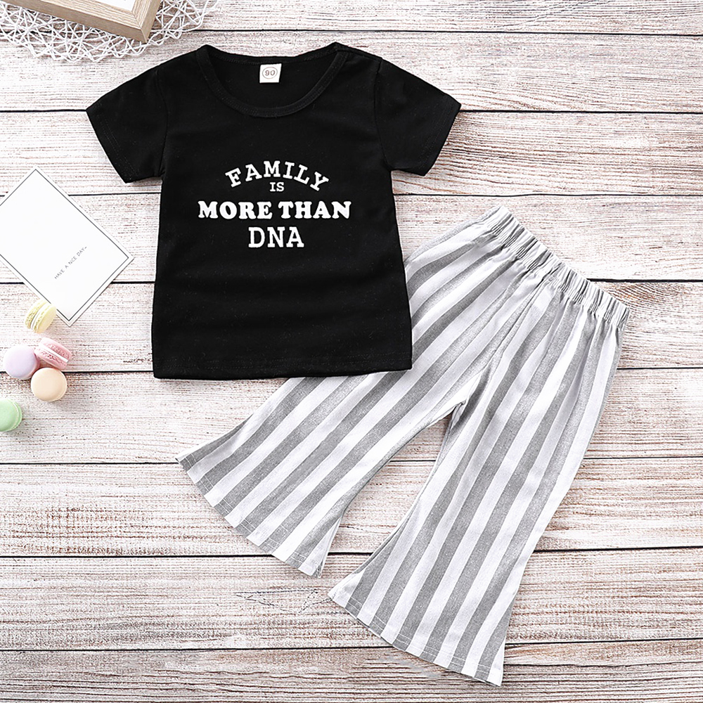 

Baby / Toddler Girl Letter Print Tee and Striped Bellbottom Pants Set
