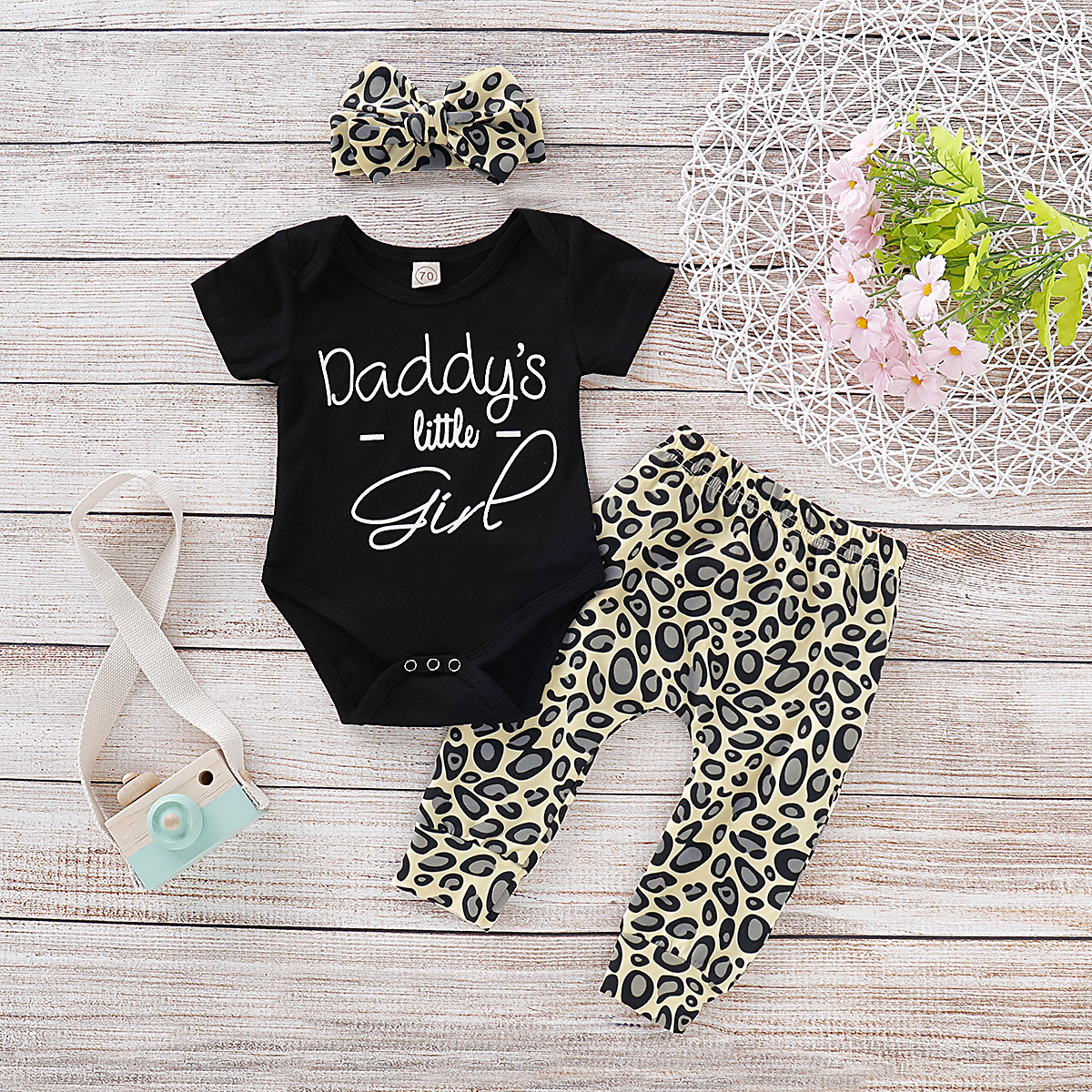 

Letter Print Bodysuit and Leopard Pants Headband Set