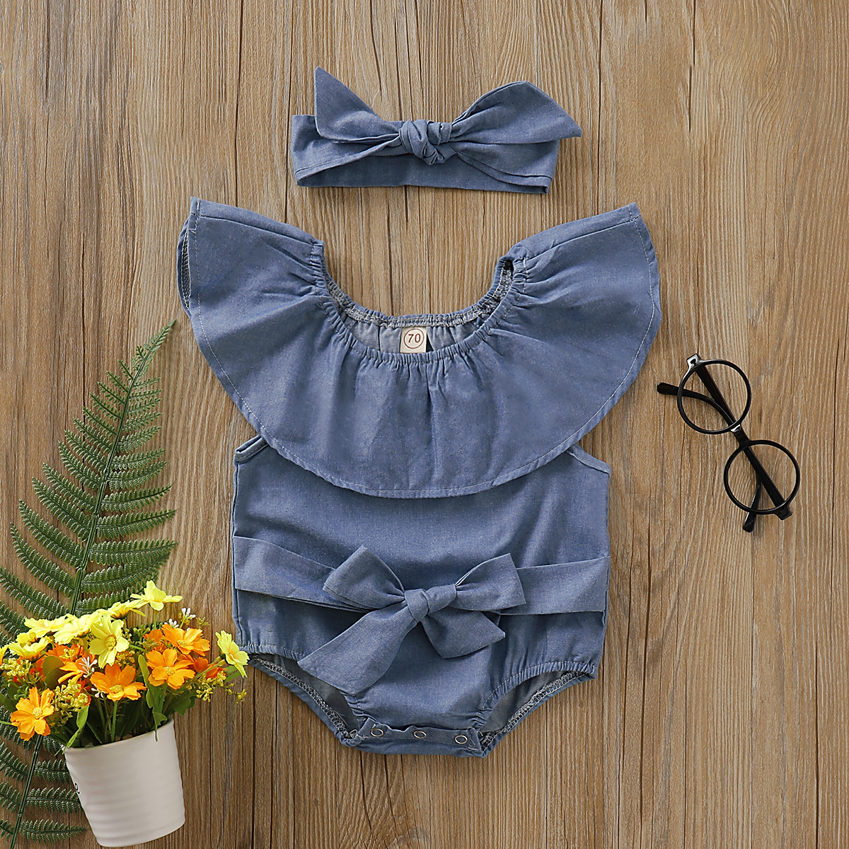 

Baby Solid Denim Off Shoulder Bodysuit and Headband