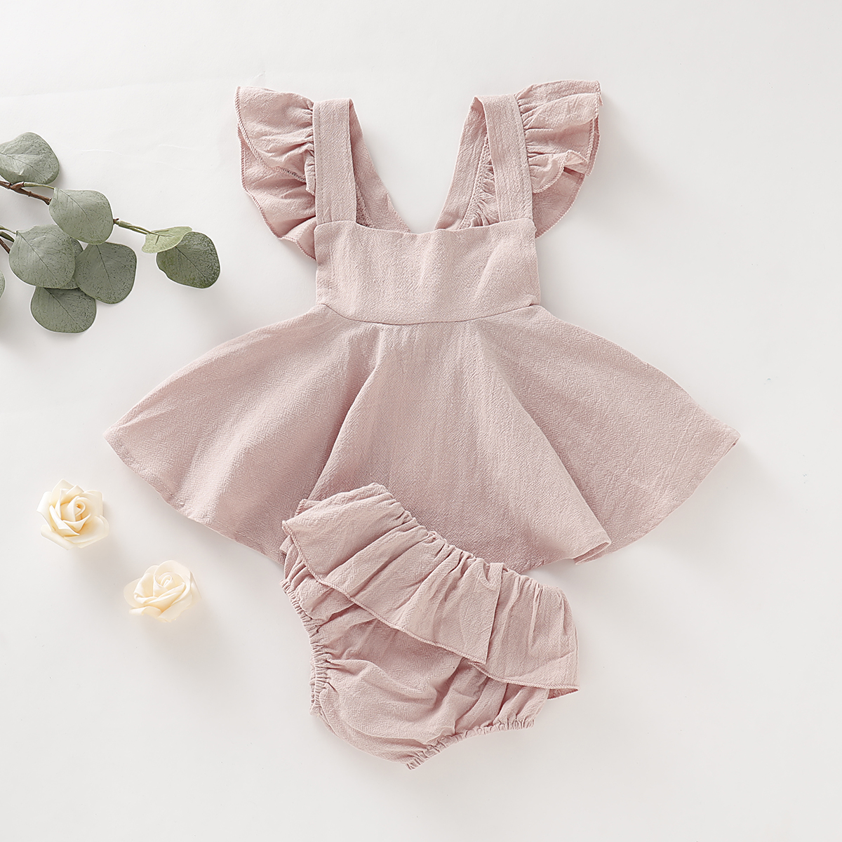 Baby / Toddler Pretty Solid Linen Flutter-sleeve Top and Ruffled Shorts Set