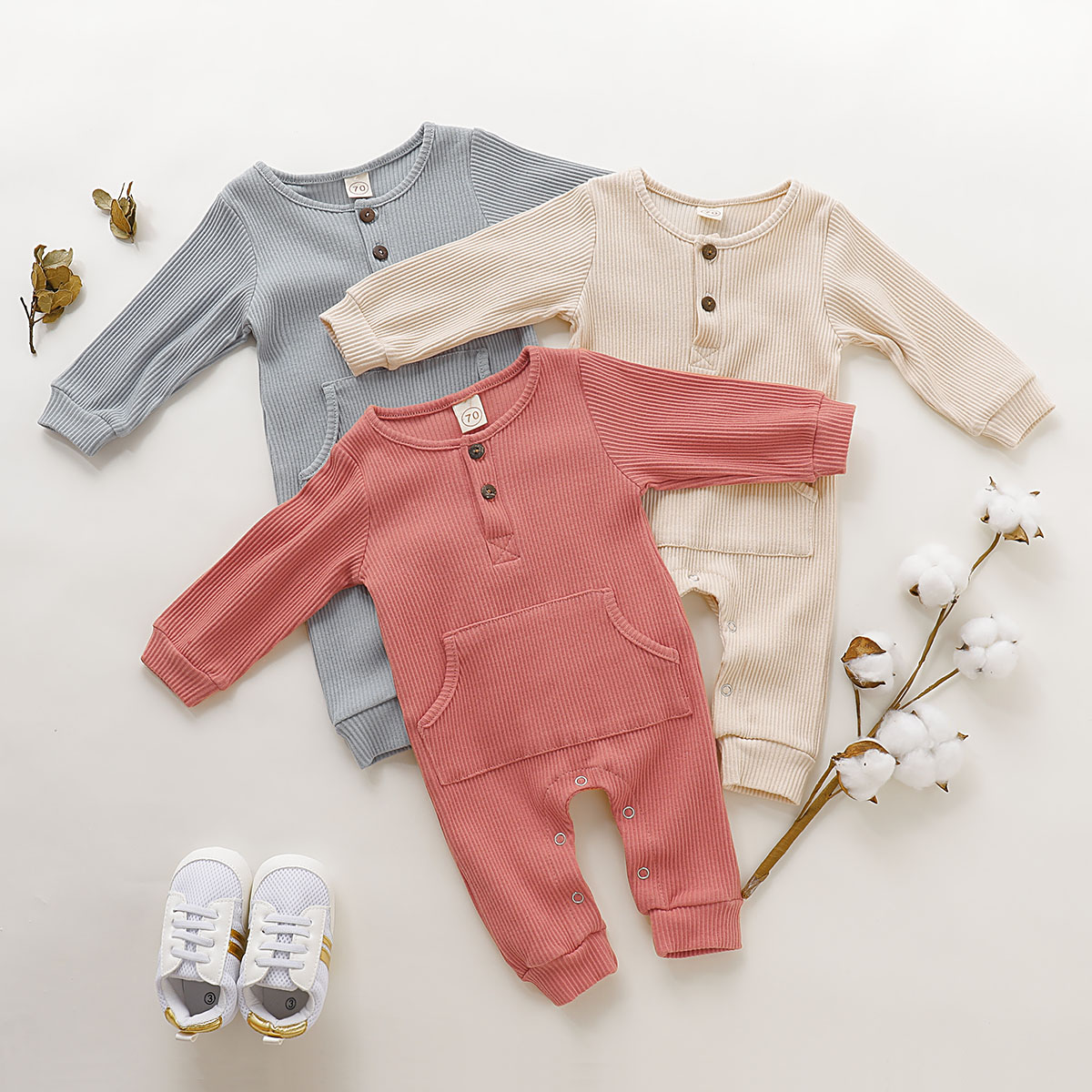 

Baby Knitted Solid Pocket Design Long-sleeve Jumpsuit