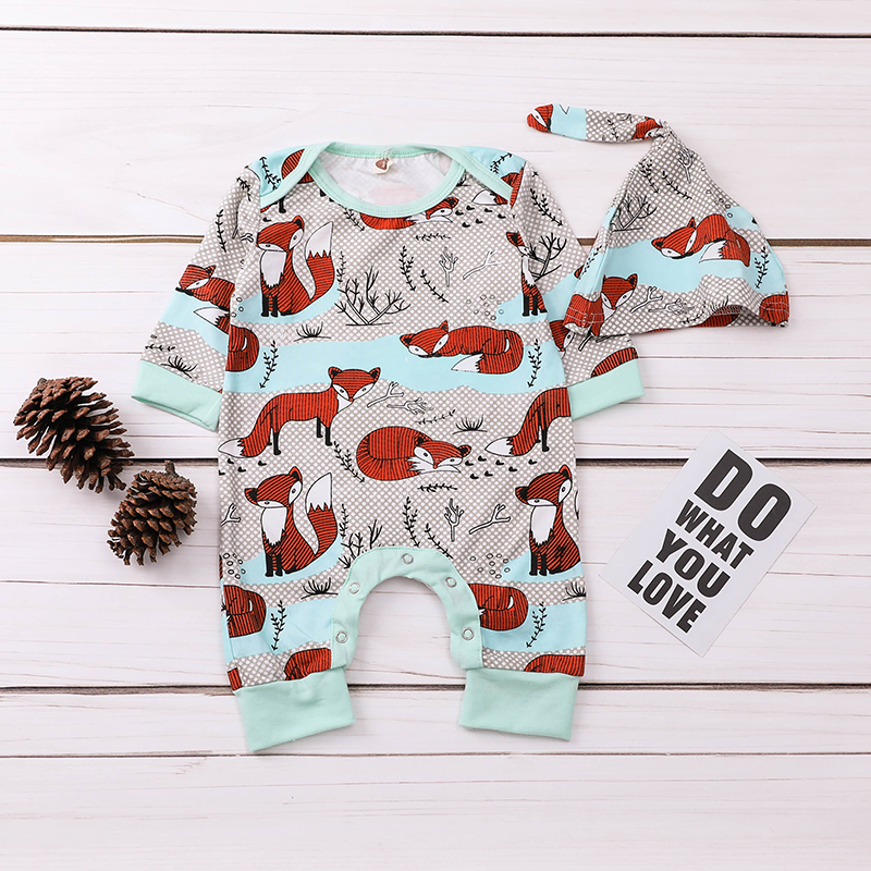 

Cute Fox Print Long-sleeve Jumpsuit and Hats Set for Baby