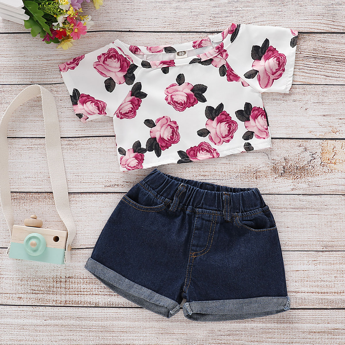 

Baby / Toddler Rose Floral Crop Top and Denim Cuffed Shorts Set