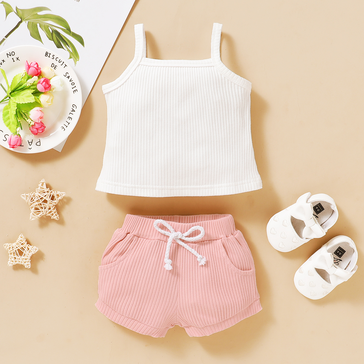 

Baby Solid Strappy Tank and Shorts Set with Drawstring