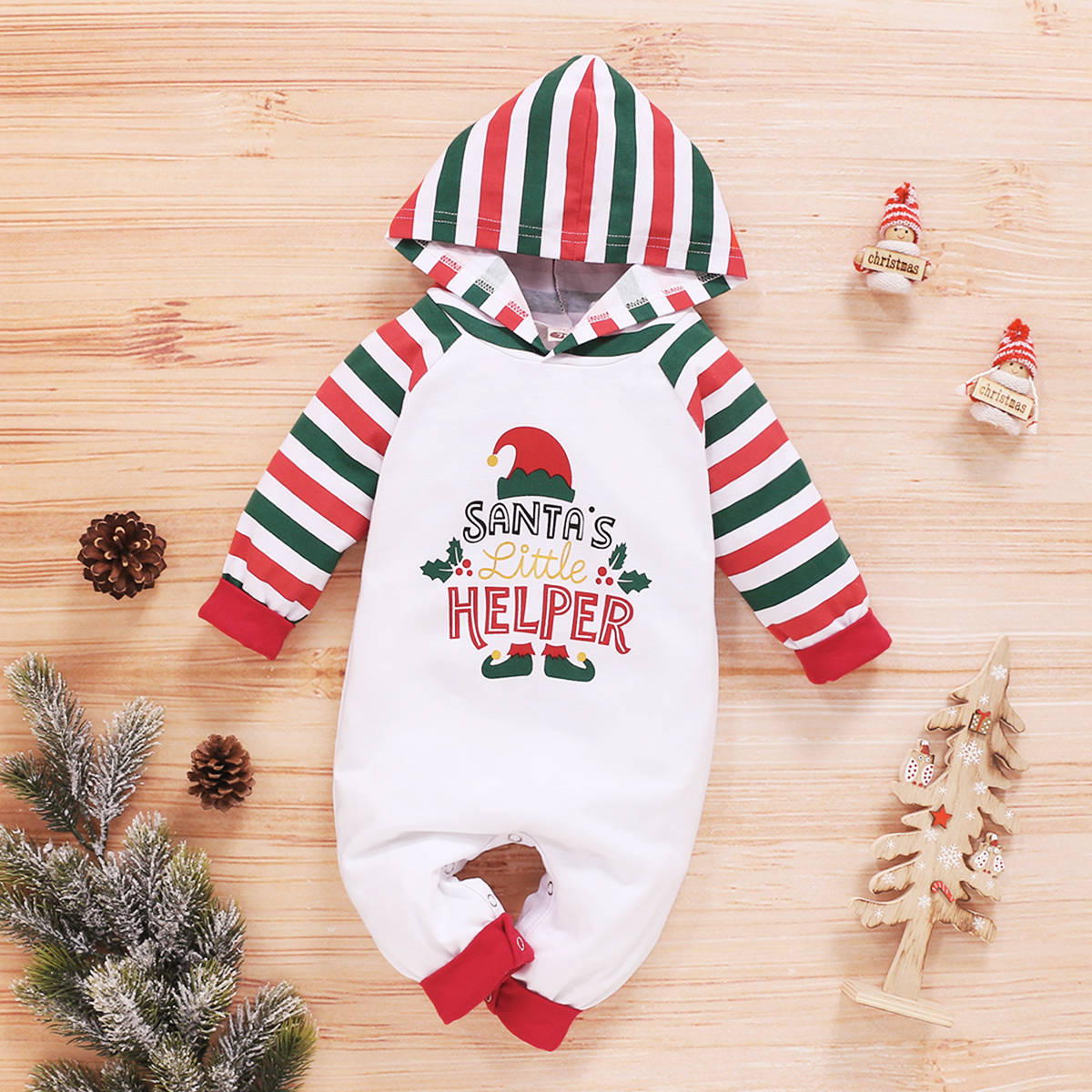 

Baby Christmas Letter Striped Hooded Jumpsuit