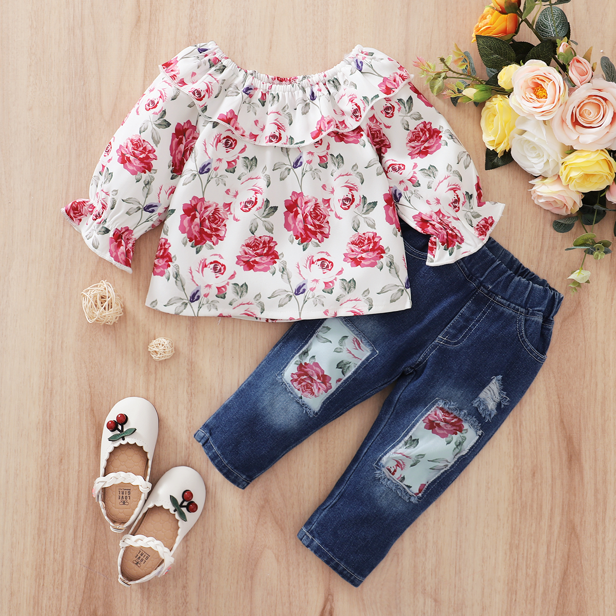 

2pcs Baby Girl Sweet Floral Baby's Sets Cowboy Fashion Long Sleeve Infant Clothing Outfits