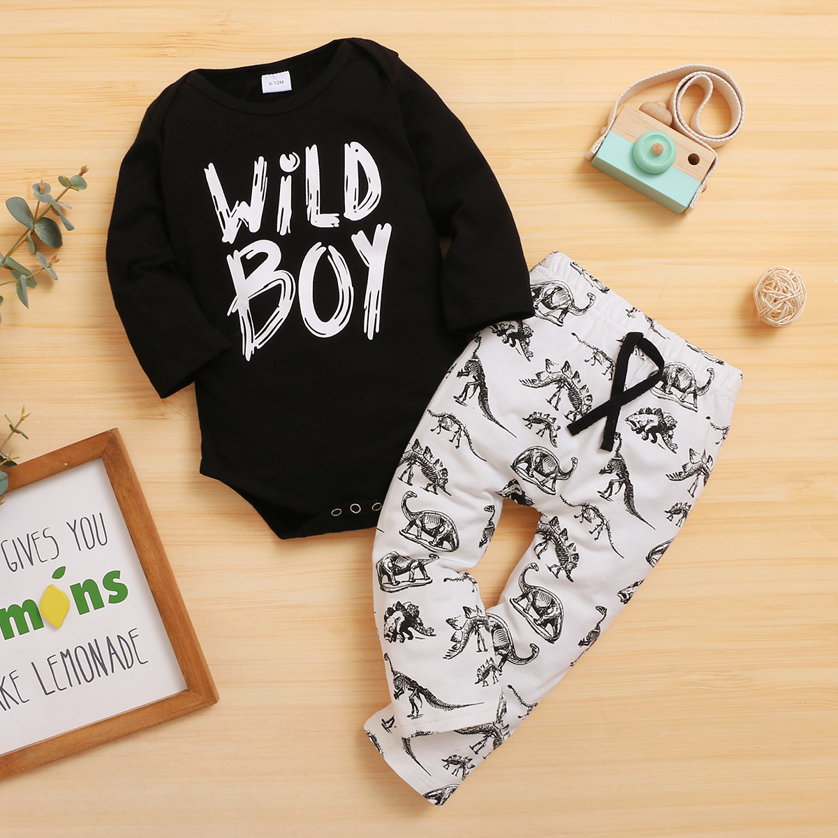 

2pcs Baby Boy Long-sleeve Cotton Romper Street style Letter & Dinosaur Baby's Sets