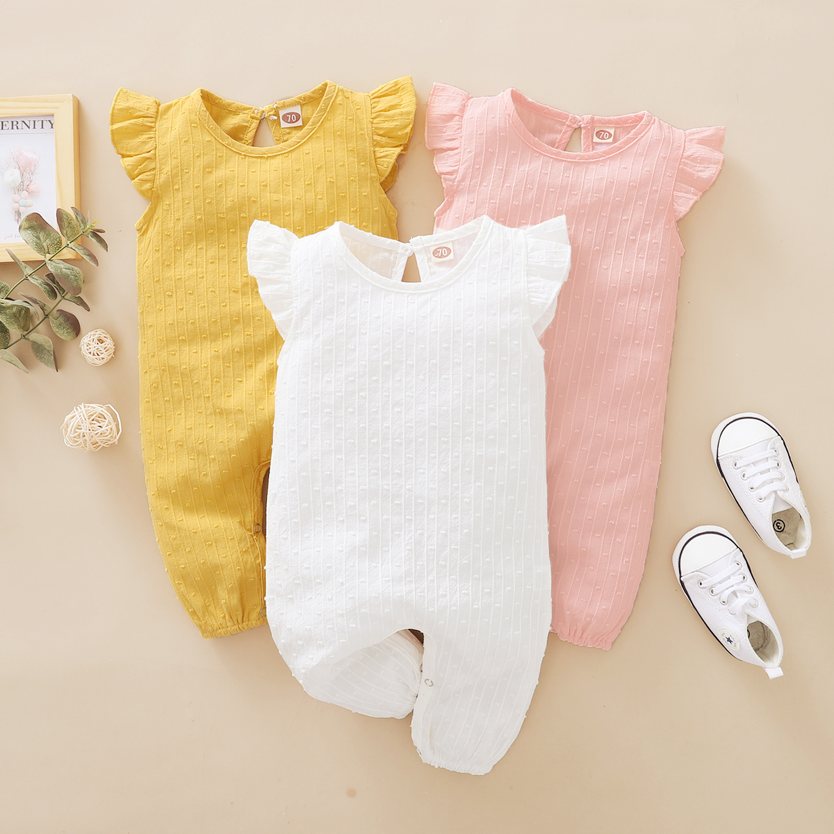 

Baby Solid Flutter-sleeve Embroidered Jumpsuit