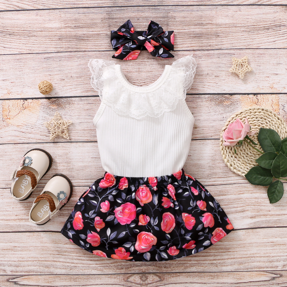 

3pcs Summer Sleeveless Baby Girl Floral Sweet Suit-dress