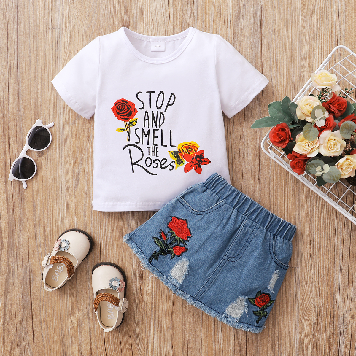 

2pcs Baby Girl Short-sleeve Cotton Floral casual Suit-dress