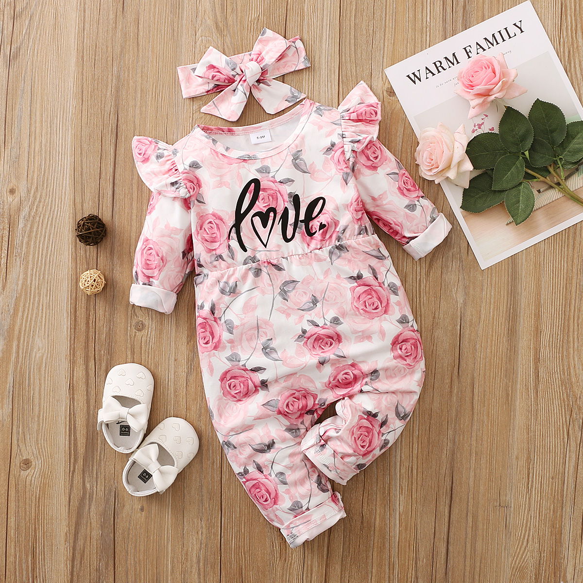 

2pcs Floral Allover Letter Print Long-sleeve Pink Baby Set