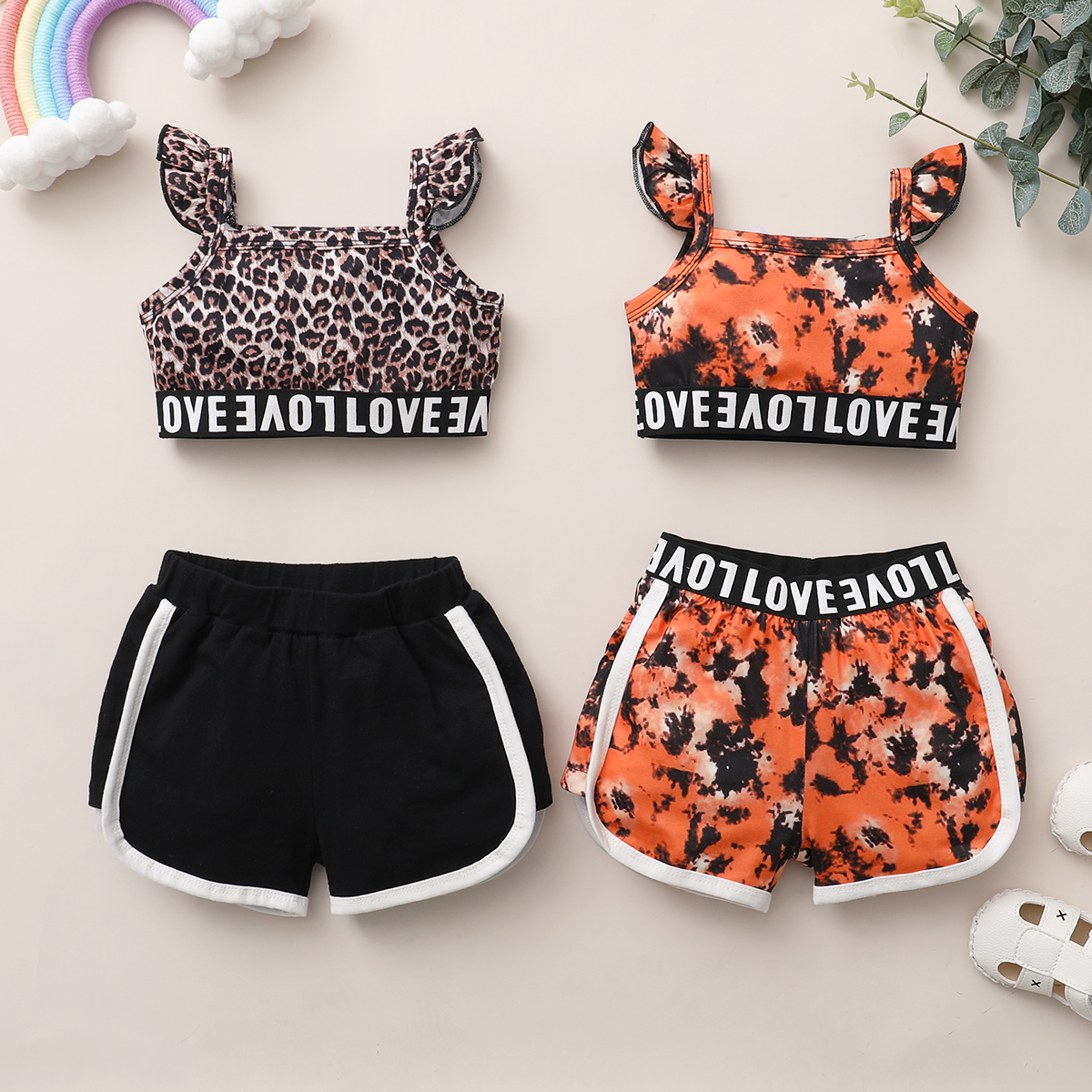 

2pcs Sporty Leopard Flutter-sleeve Baby Sets