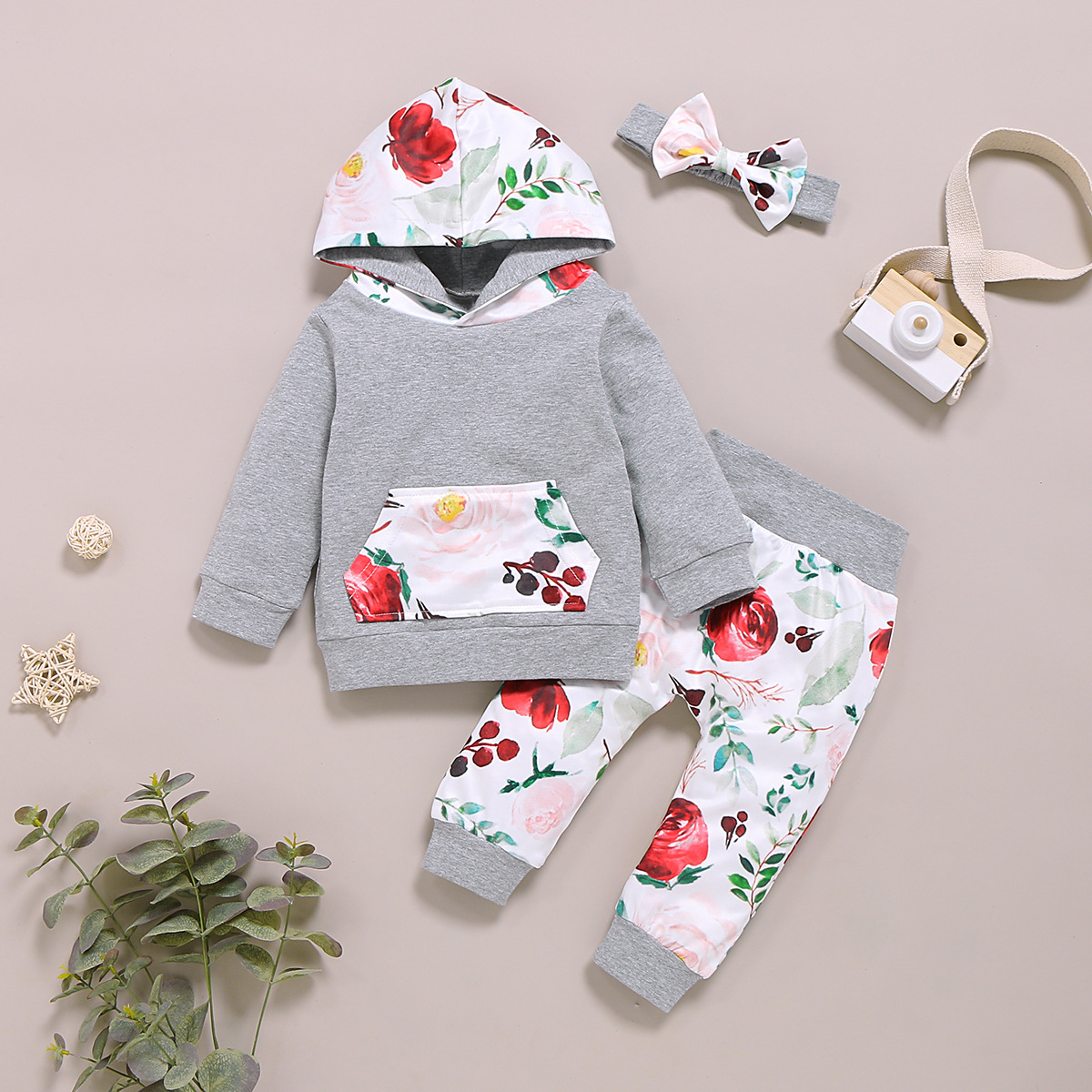 

Allover Hoodie and Pants with Headband Set For Baby Girl