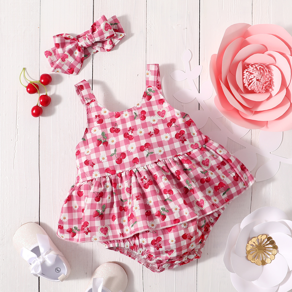 

2-piece Baby Cherry Plaid Sleeveless Dress Romper and Headband Set