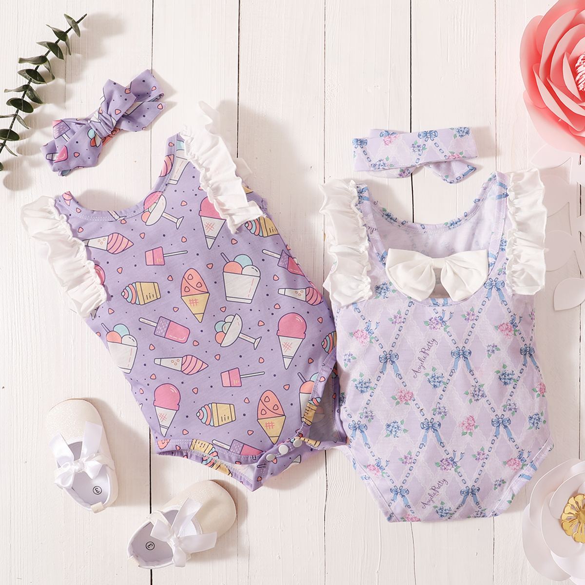 

2-Piece Ice Cream or Floral Flutter-sleeve Romper and headband Set