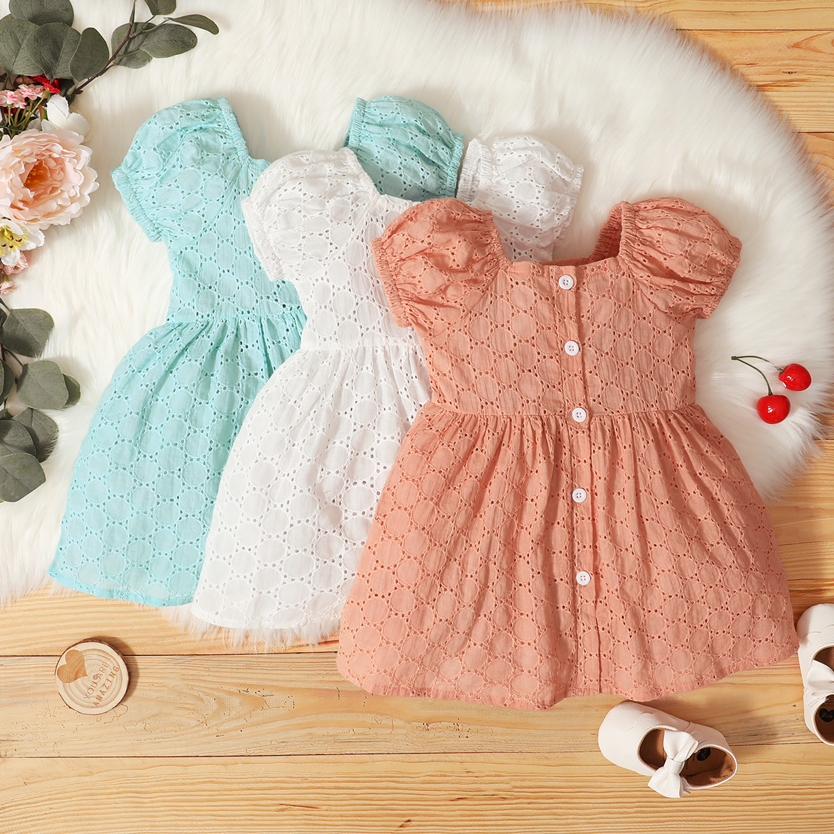 

100% Cotton Solid Hollow Short-sleeve Baby Dress