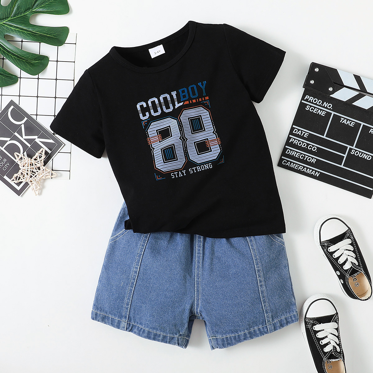 

2-piece Toddler Boy Letter Tee and Denim Shorts Set