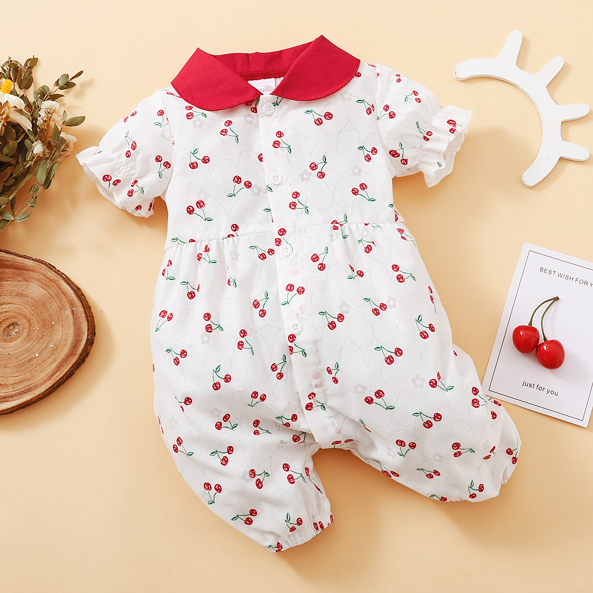 

100% Cotton Cherry Print Doll Collar Short-sleeve Baby Jumpsuit