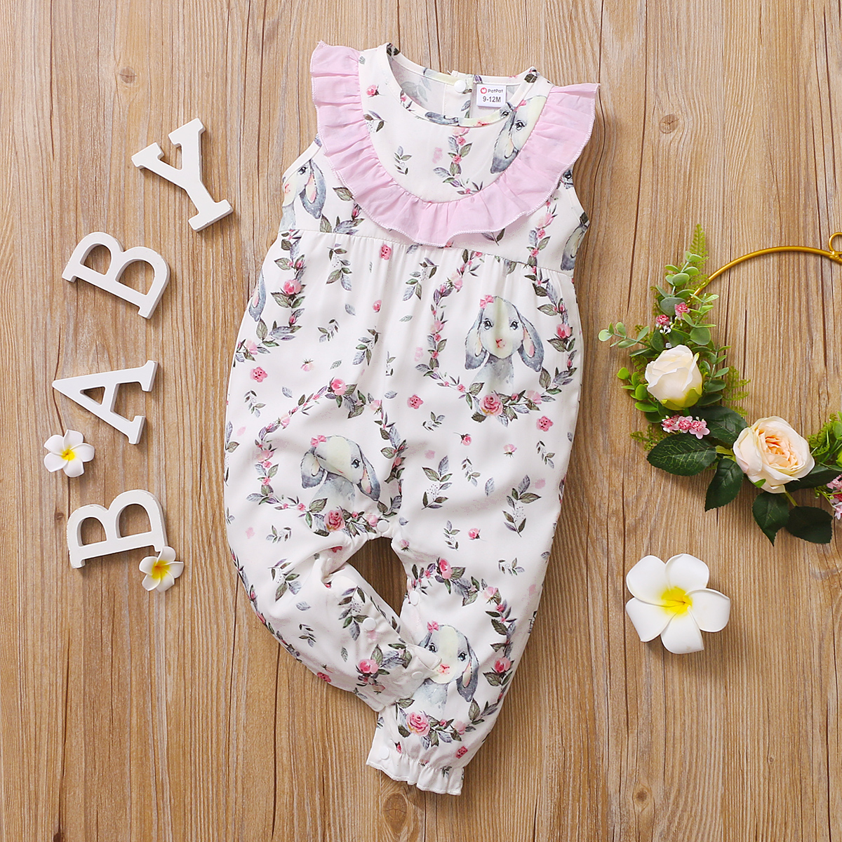 

Floral and Rabbit Sleeveless White Baby Jumpsuit