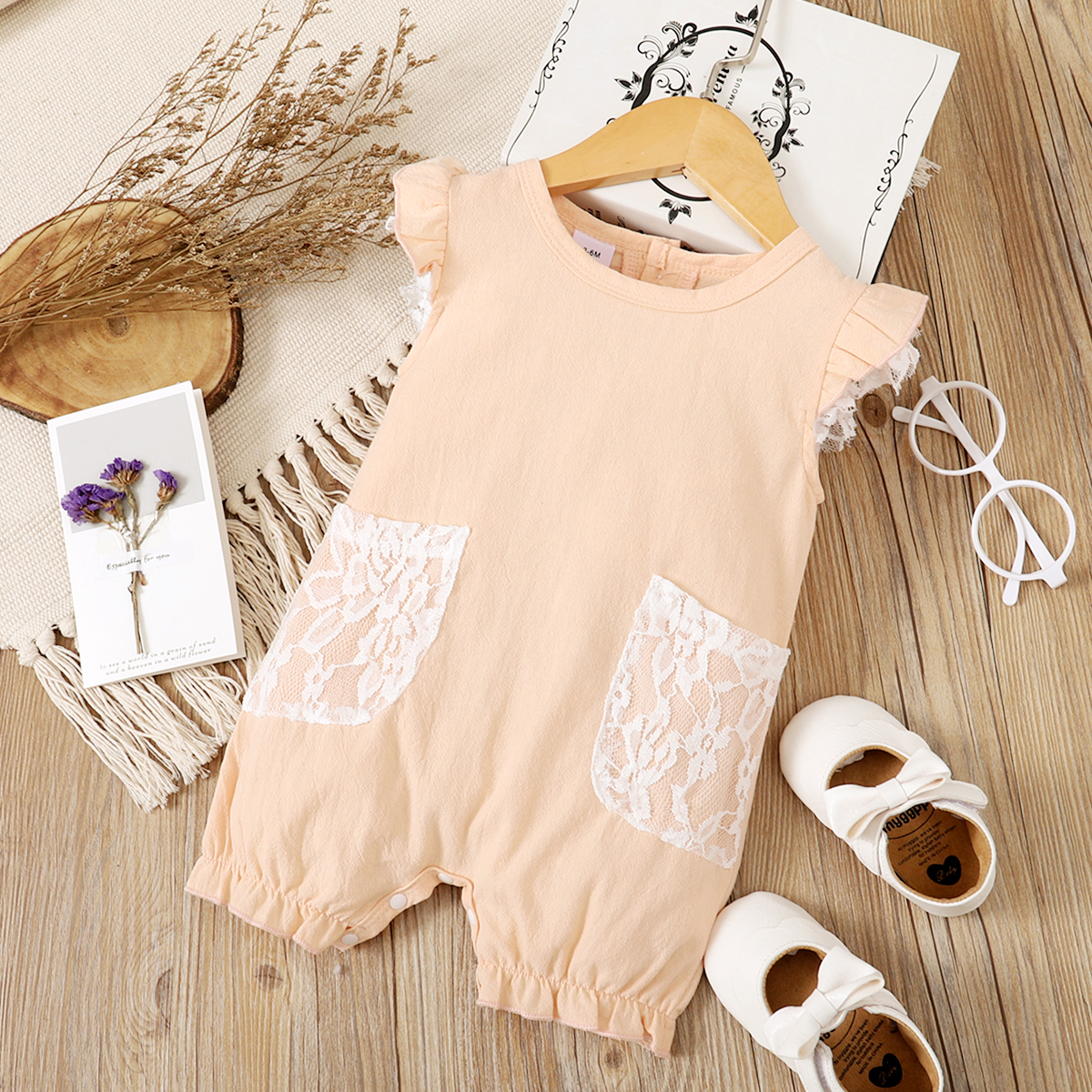 

100% Cotton Solid Lace Decor Flutter-sleeve Rose Golden Baby Romepr